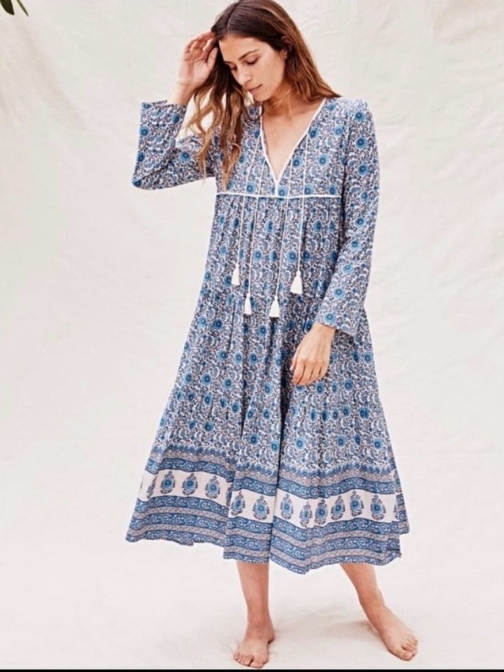 Christy Dawn Paloma Blue Printed Tassel Midi Dress